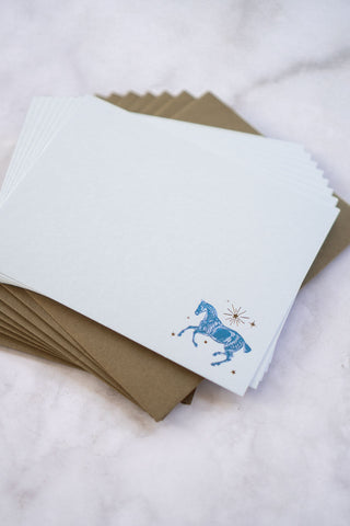 Celestial Horse Cantering Foil Stamped Correspondence Cards in Light Sky Blue, Teal & Bronze