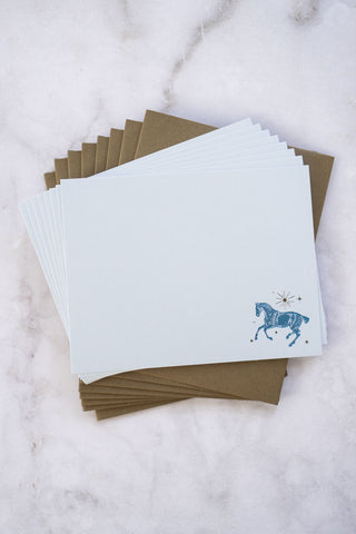 Celestial Horse Cantering Foil Stamped Correspondence Cards in Light Sky Blue, Teal & Bronze