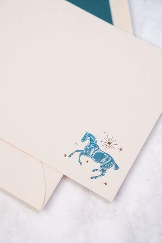 Celestial Horse Cantering Foil Stamped Correspondence Cards in Cream, Teal & Bronze