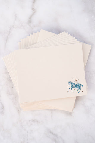 Celestial Horse Cantering Foil Stamped Correspondence Cards in Cream, Teal & Bronze