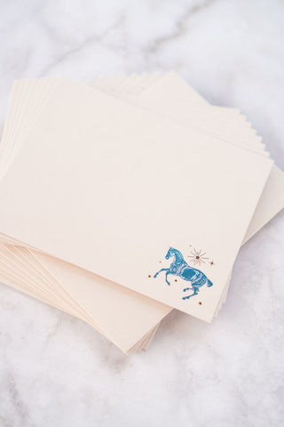 Celestial Horse Cantering Foil Stamped Correspondence Cards in Cream, Teal & Bronze