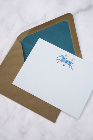 Celestial Horse Leaping Foil Stamped Correspondence Cards in Light Sky Blue, Teal & Bronze