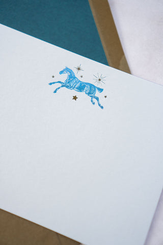 Celestial Horse Leaping Foil Stamped Correspondence Cards in Light Sky Blue, Teal & Bronze