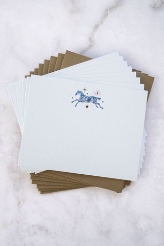 Celestial Horse Leaping Foil Stamped Correspondence Cards in Light Sky Blue, Teal & Bronze