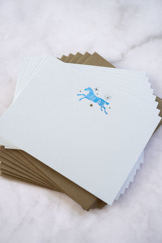 Celestial Horse Leaping Foil Stamped Correspondence Cards in Light Sky Blue, Teal & Bronze