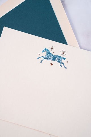 Celestial Horse Leaping Foil Stamped Correspondence Cards in Cream, Teal & Bronze