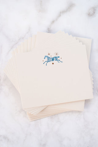 Celestial Horse Leaping Foil Stamped Correspondence Cards in Cream, Teal & Bronze