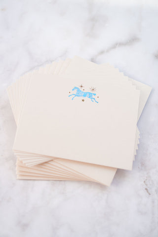 Celestial Horse Leaping Foil Stamped Correspondence Cards in Cream, Teal & Bronze