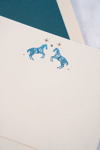 Celestial Horses Rearing Foil Stamped Correspondence Cards in Cream, Teal & Bronze