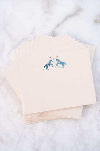 Celestial Horses Rearing Foil Stamped Correspondence Cards in Cream, Teal & Bronze