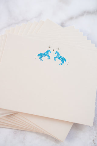 Celestial Horses Rearing Foil Stamped Correspondence Cards in Cream, Teal & Bronze