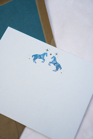 Celestial Horses Rearing Foil Stamped Correspondence Cards in Light Sky Blue, Teal & Bronze