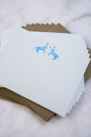 Celestial Horses Rearing Foil Stamped Correspondence Cards in Light Sky Blue, Teal & Bronze