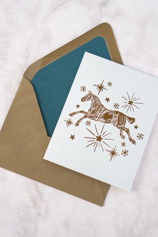 "Silent Night" Horse, Stars & Snowflakes Foil Stamped Greeting Cards in Light Sky Blue and Bronze