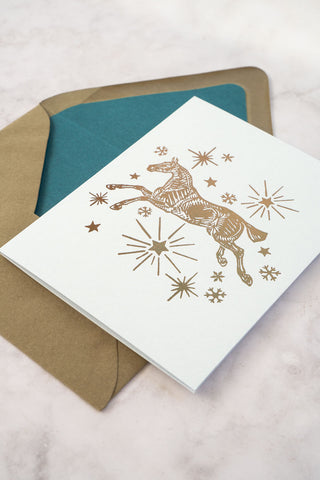 "Silent Night" Horse, Stars & Snowflakes Foil Stamped Greeting Cards in Light Sky Blue and Bronze