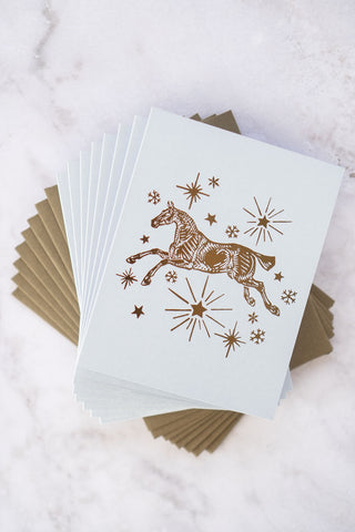 "Silent Night" Horse, Stars & Snowflakes Foil Stamped Greeting Cards in Light Sky Blue and Bronze