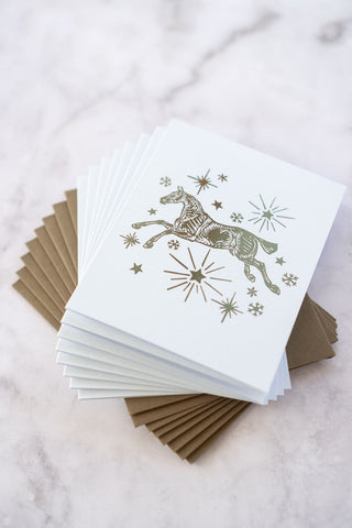 "Silent Night" Horse, Stars & Snowflakes Foil Stamped Greeting Cards in Light Sky Blue and Bronze