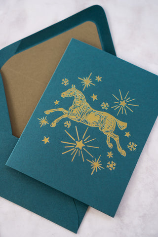 "Silent Night" Horse, Stars & Snowflakes Foil Stamped Greeting Cards in Teal and Gold