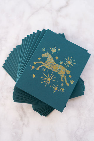 "Silent Night" Horse, Stars & Snowflakes Foil Stamped Greeting Cards in Teal and Gold