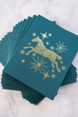 "Silent Night" Horse, Stars & Snowflakes Foil Stamped Greeting Cards in Teal and Gold