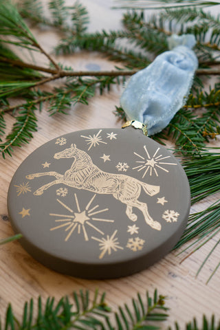 "Silent Night" – Block Printed Horse Motif Ceramic Ornament in Hot Cocoa Brown & Gold with Winter Sky Blue Ribbon