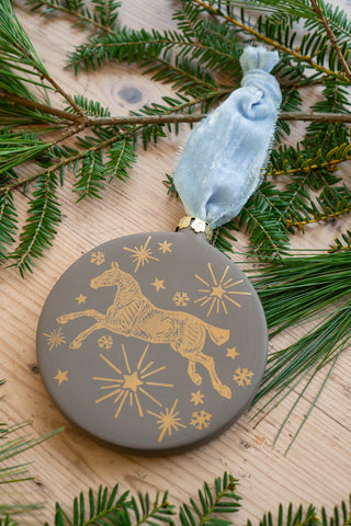 PRE-ORDER: "Silent Night" – Block Printed Horse Motif Ceramic Ornament in Hot Cocoa Brown & Gold with Winter Sky Blue Ribbon