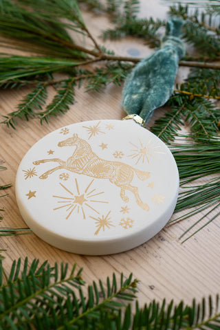 PRE-ORDER: "Silent Night" – Block Printed Horse Motif Ceramic Ornament in Sugar Plum Cream & Gold with Soft Teal Ribbon