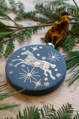 PRE-ORDER: "Silent Night" – Block Printed Horse Motif Ceramic Ornament in Starlit Sky Blue & Gold with Gold Ribbon