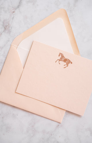 "Frolic" Horse Cantering Foil Stamped Correspondence Cards in Tonal Soft Peach, Palest Pink & Rose Gold