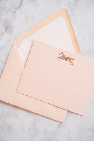 "Frolic" Horse Leaping Foil Stamped Correspondence Cards in Tonal Soft Peach, Palest Pink & Rose Gold