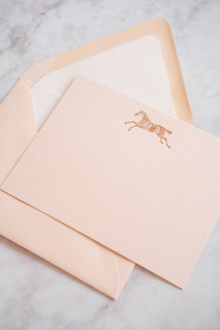 "Frolic" Horse Leaping Foil Stamped Correspondence Cards in Tonal Soft Peach, Palest Pink & Rose Gold