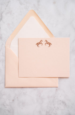 "Frolic" Horses Rearing Foil Stamped Correspondence Cards in Tonal Soft Peach, Palest Pink & Rose Gold