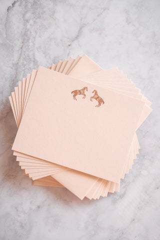 "Frolic" Horses Rearing Foil Stamped Correspondence Cards in Tonal Soft Peach, Palest Pink & Rose Gold