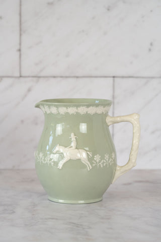 Vintage Copeland Spode England "Fortuna" Sage Green Pitcher with Cream Hunt Scene