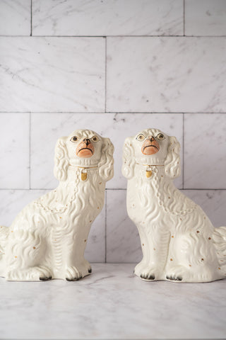 Large Pair of Cream 19th Century English Staffordshire Mantle Dogs / Wally Dogs