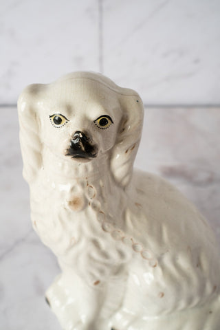 Cream and Gold 19th Century English Staffordshire Mantle Dog / Wally Dog