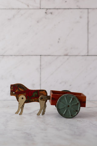 Antique Early 20th Century Wood and Tin Horse and Wagon Toy