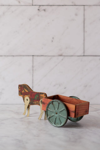 Antique Early 20th Century Wood and Tin Horse and Wagon Toy