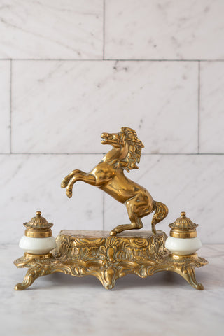 French Art Nouveau Solid Brass Double Inkwell with Rearing Horse by Sculptor "A. Bossu" 1910-1920