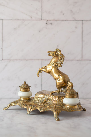 French Art Nouveau Solid Brass Double Inkwell with Rearing Horse by Sculptor "A. Bossu" 1910-1920