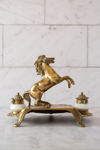 French Art Nouveau Solid Brass Double Inkwell with Rearing Horse by Sculptor "A. Bossu" 1910-1920