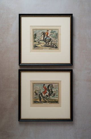 Set of 2 Dressage Schooling Movement Hand-colored Engravings After Johann Ridinger (German, 1698-1767): "Pirouette a Gauche" & "La Pesade"