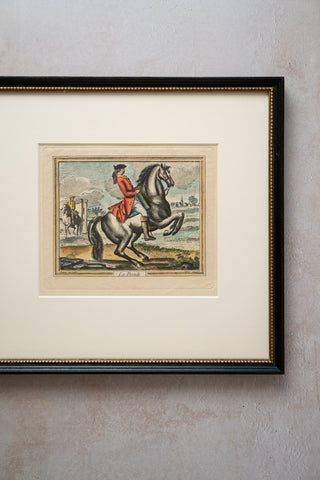 Set of 2 Dressage Schooling Movement Hand-colored Engravings After Johann Ridinger (German, 1698-1767): "Pirouette a Gauche" & "La Pesade"