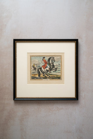 Set of 2 Dressage Schooling Movement Hand-colored Engravings After Johann Ridinger (German, 1698-1767): "Pirouette a Gauche" & "La Pesade"