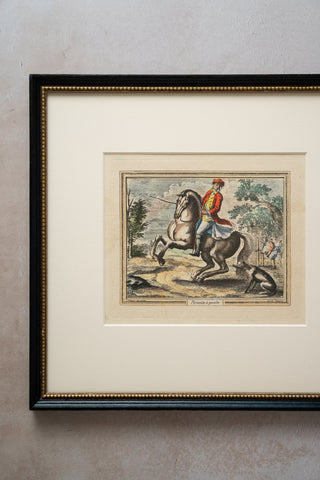 Set of 2 Dressage Schooling Movement Hand-colored Engravings After Johann Ridinger (German, 1698-1767): "Pirouette a Gauche" & "La Pesade"