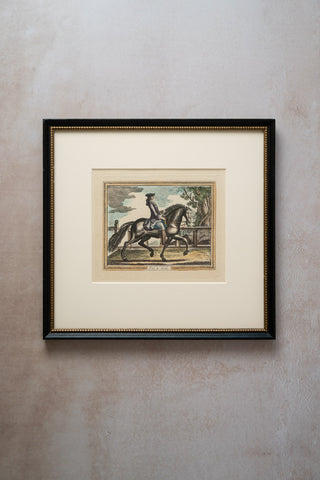 Set of 2 Dressage Schooling Movement Hand-colored Engravings After Johann Ridinger (German, 1698-1767): "Trot a Droite" & "La Balotade"