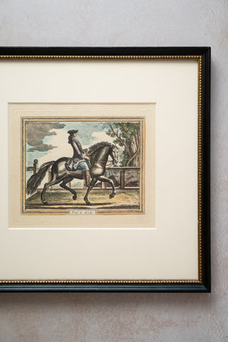 Set of 2 Dressage Schooling Movement Hand-colored Engravings After Johann Ridinger (German, 1698-1767): "Trot a Droite" & "La Balotade"