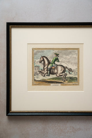 Set of 2 Dressage Schooling Movement Hand-colored Engravings After Johann Ridinger (German, 1698-1767): "Trot a Droite" & "La Balotade"