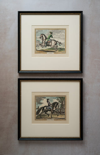 Set of 2 Dressage Schooling Movement Hand-colored Engravings After Johann Ridinger (German, 1698-1767): "Trot a Droite" & "La Balotade"