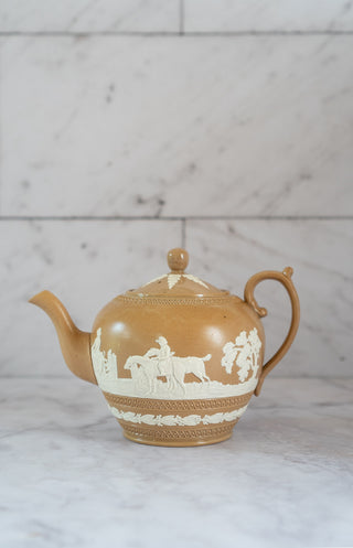 Late 19th Century Copeland England Brown Jasperware Teapot with Fox Hunting Scene